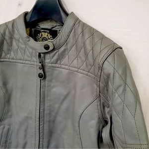 Roland Sands gunmetal grey leather motorcycle jacket.